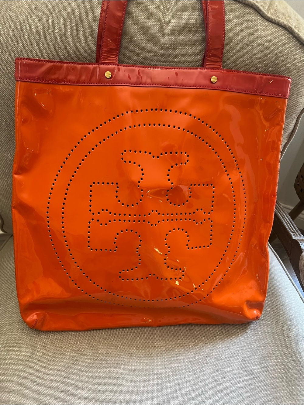 Tory Burch Patent Leather Orange Tote Bag with Perforated Logo